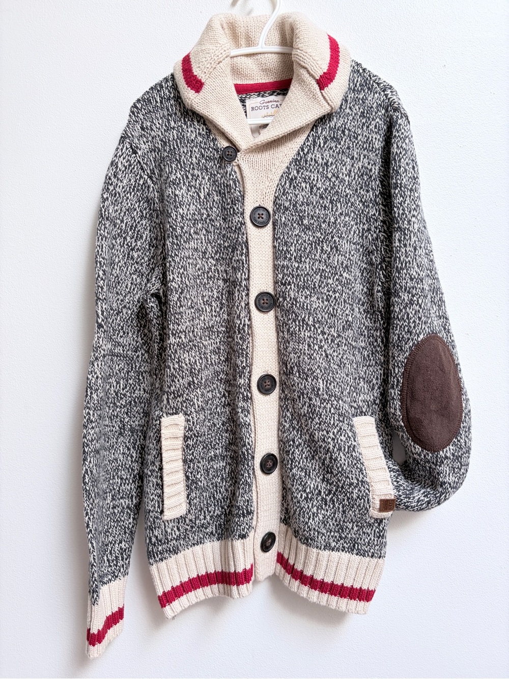 Genuine Roots Cabin Cardigan Sweater - Cream & Black Marled with Red Trim M 7/8